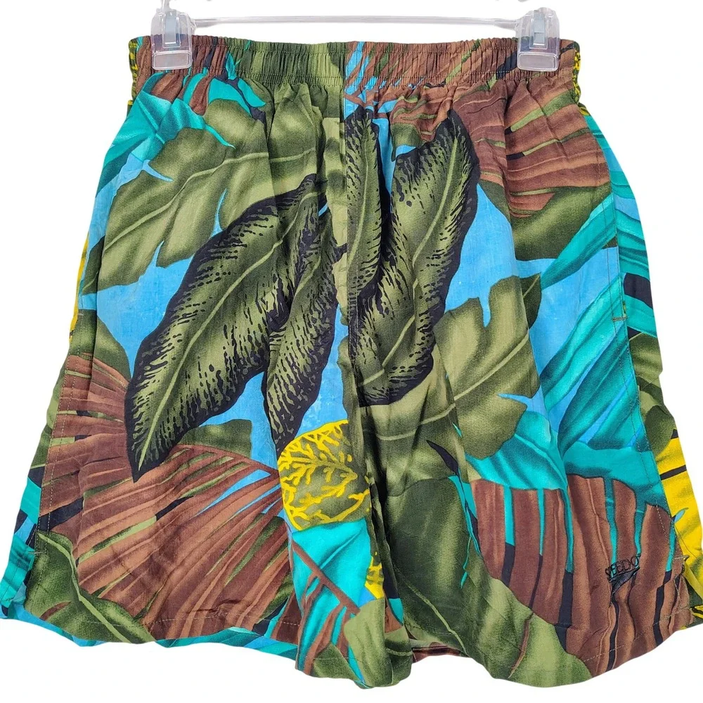 Vintage Speedo Swim Trunks Mens M Tropical Hawaiian Leaf Print Blue Green‎